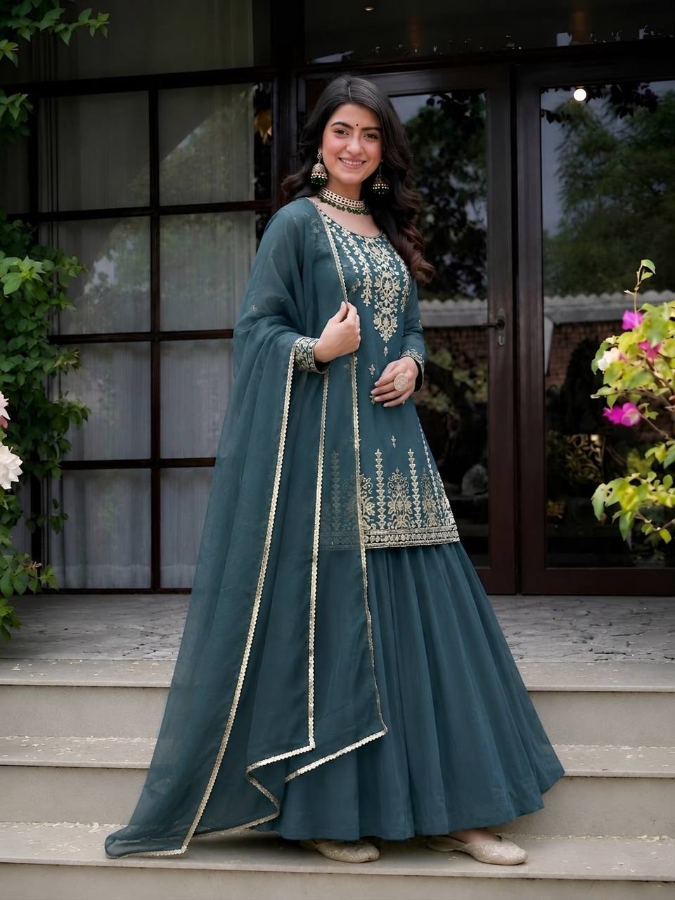 Exquisite Rama Green Peplum Kurti and Flared Skirt Set Adorned with Intricate Gold Zari Embroidery and a Matching Sheer Dupatta